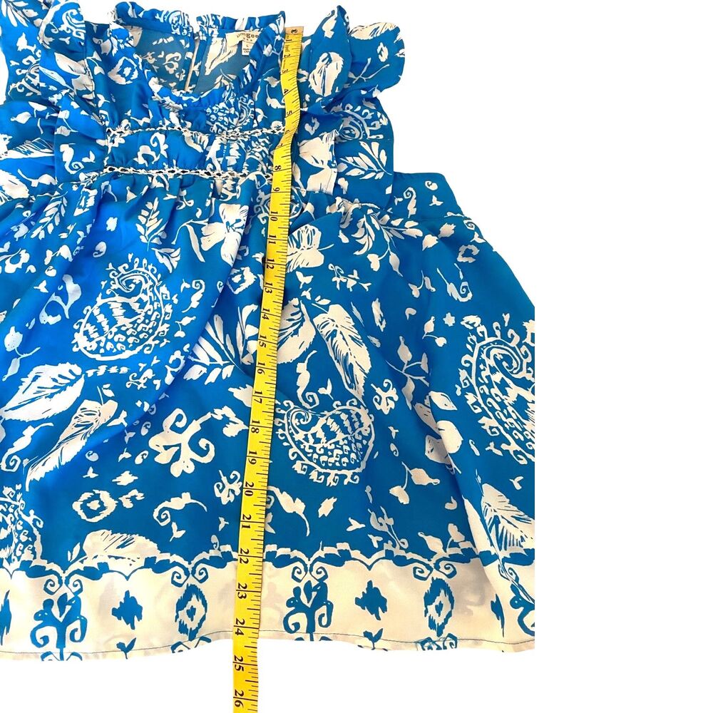 Umgee Peasant Blouse Large Blue White Floral Flutter Sleeve Lace Flowy - Picture 9 of 9